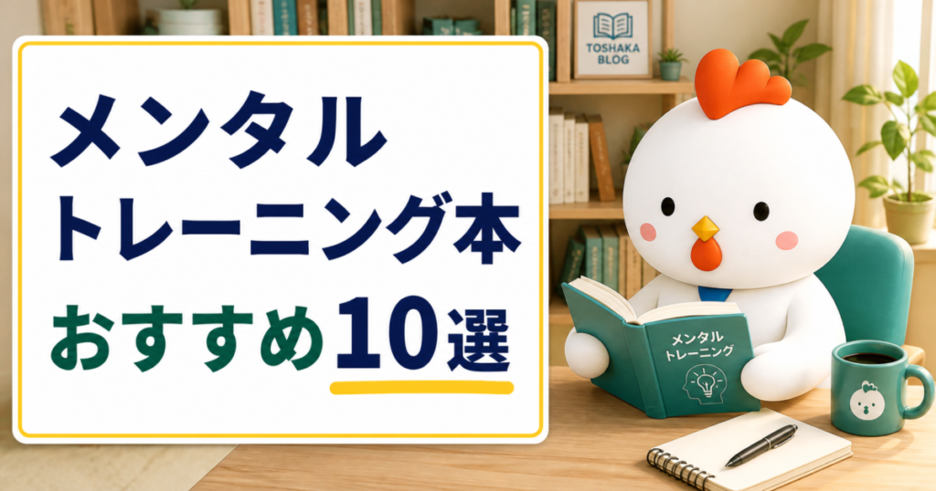 メンタルトレーニングのおすすめ本10選を紹介する、本を開いたニワトリのアイキャッチ画像