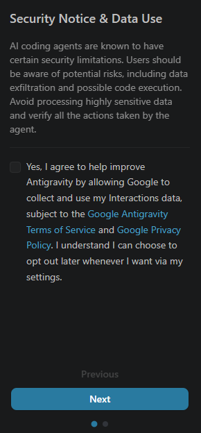 AntigravityのSecurity Notice and Data Use画面