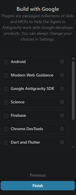 AntigravityのBuild with Google初期設定画面